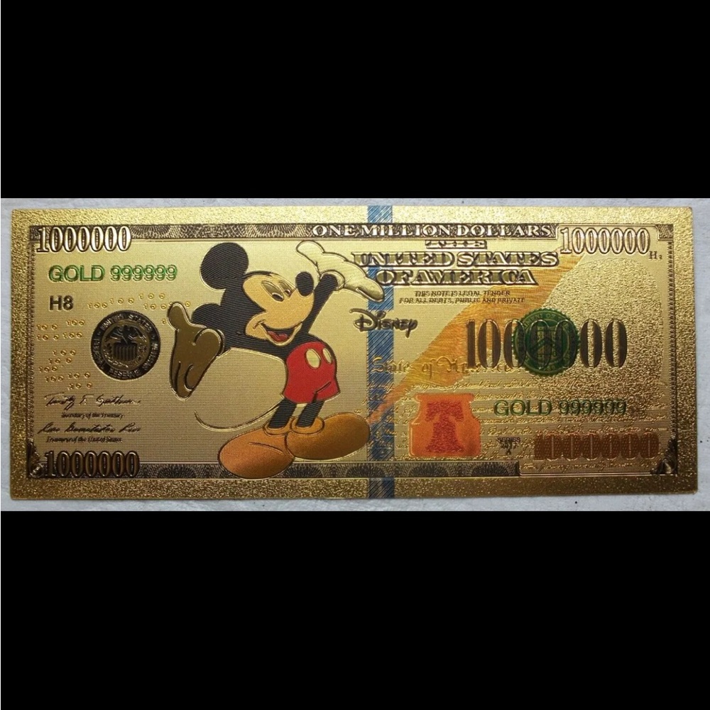 Mickey Mouse Walt Disney $1000000 Note Novelty 24K Gold Foil Plated Bill